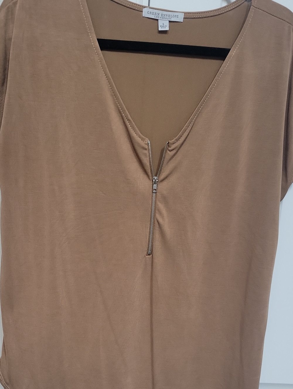 Green Envelope Brown Tan Zip-Front V-Neck Top